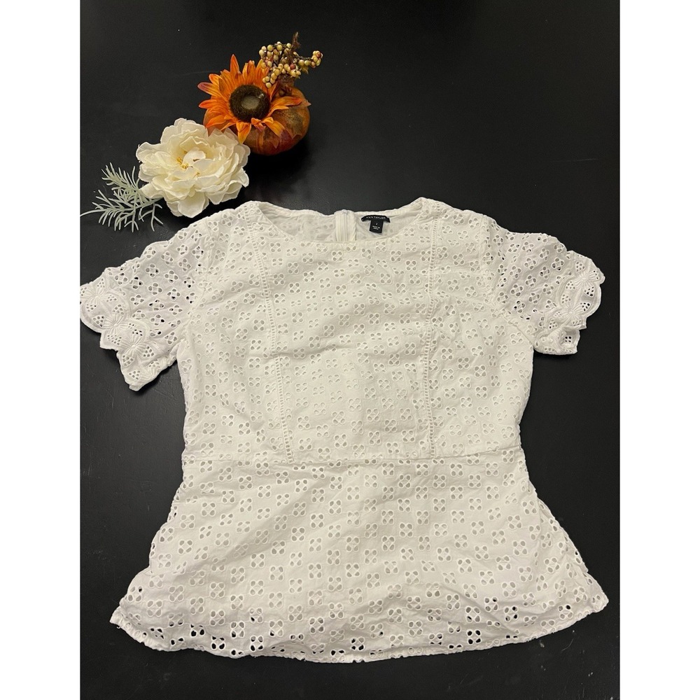 Ann Taylor White Eyelet Lace Peplum Cotton Blouse Sz 2 Coastal Cottage Western